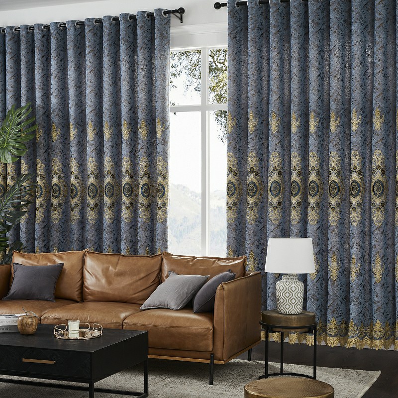 Blue Champagne Gold Roman Embroidered Curtain Fabrics high quality